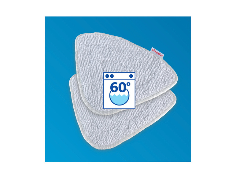 Twee Vileda microvezel doekjes voor stoomreinigers, wasbaar tot 60 graden.