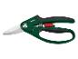Sécateur de jardin vert et noir avec une lame en acier inoxydable et un mécanisme de verrouillage rouge.