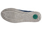 De zool van een blauwe sneaker met een groene voetzool.
