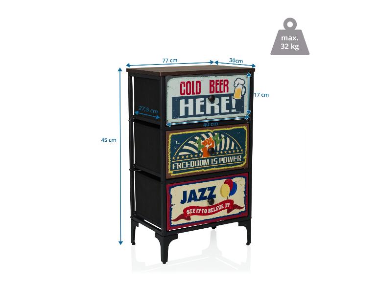 Commode à 3 tiroirs avec panneaux 'Cold Beer Here', 'Freedom is Power' et 'Jazz'.