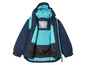 Une veste bleu marine à capuche et doublure turquoise