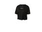 Zwart dames sport-T-shirt met korte mouwen en een wit logo op de borst.