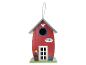 Rood vogelhuisje met een grijs dak, ronde ingang, witte deur en bloempot.