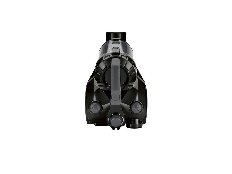Zwarte stofzuiger met grijze details, van bovenaf gezien.