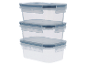 Drie stapelbare plastic voedselcontainers.