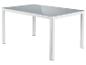 Moderne tafel met grijs blad en witte poten.