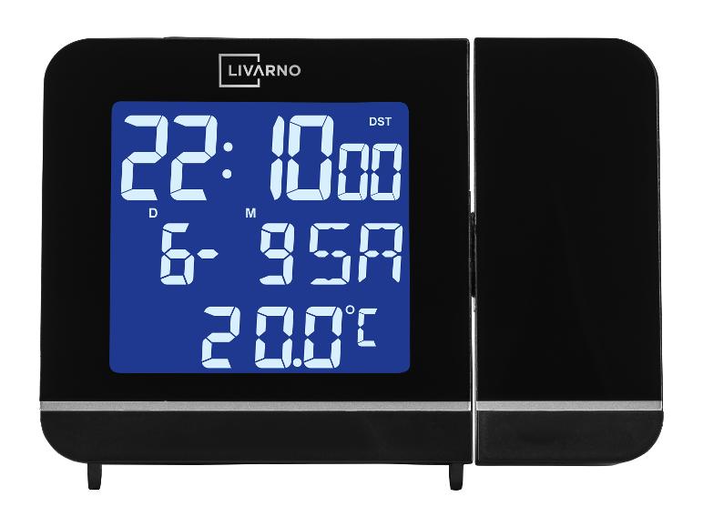 LIVARNO digitale wekker met blauw scherm, tijd, datum en temperatuur, op een witte achtergrond.