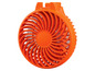 Een oranje handventilator met draaibare bladen.