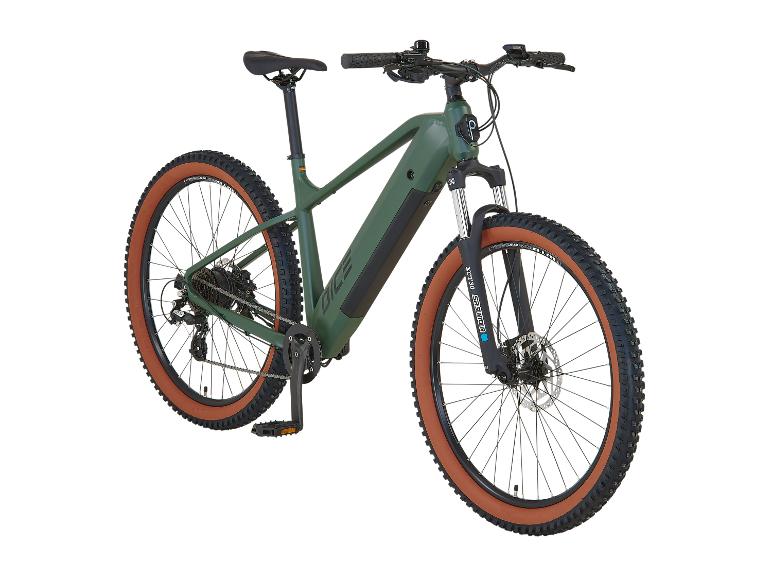 Vélo électrique tout-terrain vert Dice avec pneus couleur rouille.
