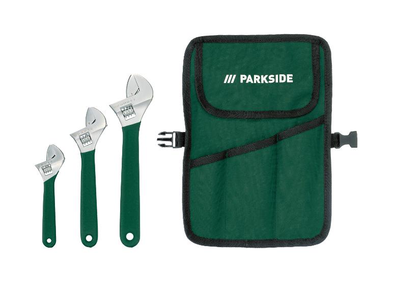 Een set verstelbare moersleutels in verschillende maten en een groene Parkside-gereedschapstas.