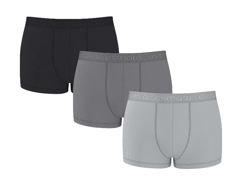 Lot de trois boxers en coton noir, gris foncé et gris clair.