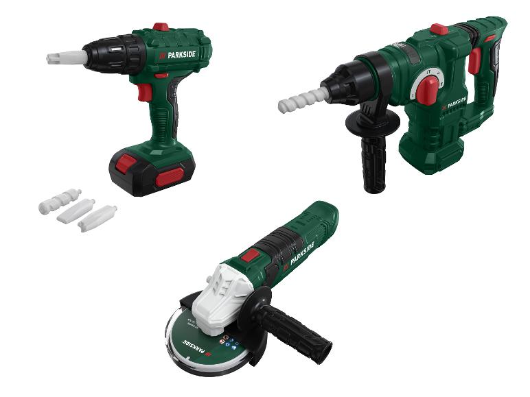 Un ensemble d'outils jouets Parkside, comprenant une perceuse, un marteau perforateur et une meuleuse d'angle.