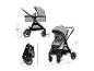 Poussette bébé avec nacelle et assise, pliée et avec dimensions