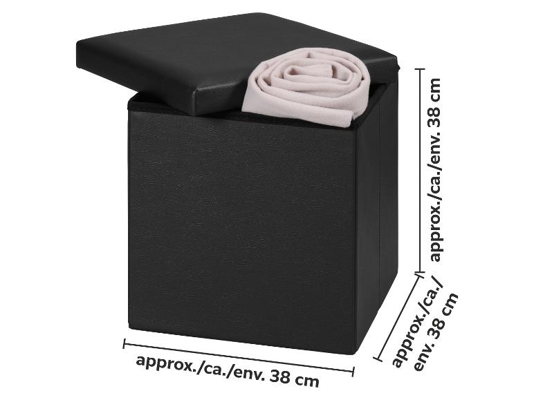 Pouffe carré noir avec couvercle et plaid beige, dimensions environ 38x38x38 cm.
