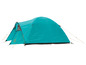 Een turquoise tent met een grijs en geel ontwerp.