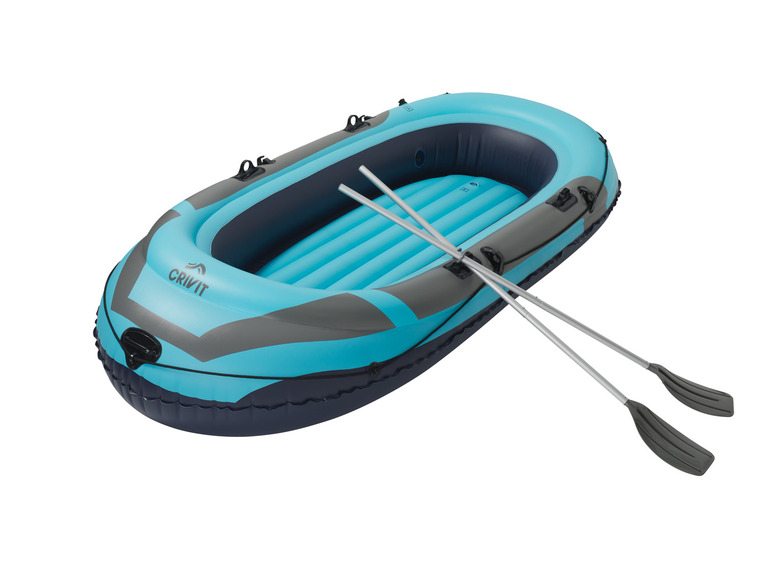 Een opblaasbare boot van Crivit met twee peddels.