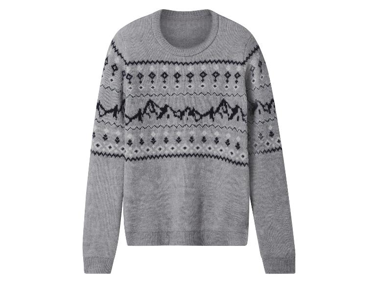 Grijze Fair Isle trui met berg- en geometrische motieven.