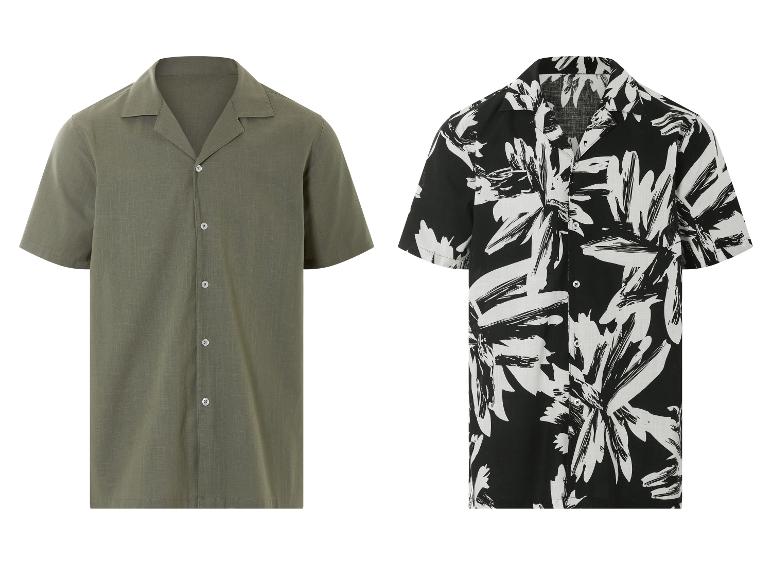 Chemises à manches courtes : unie vert olive et à motifs floraux noir et blanc.