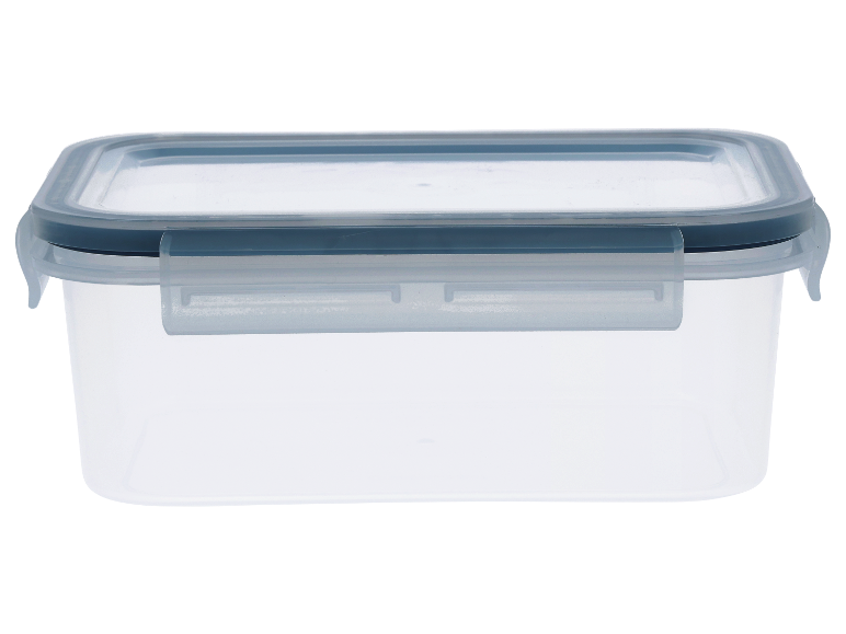 Boîte de conservation en plastique transparent avec couvercle.