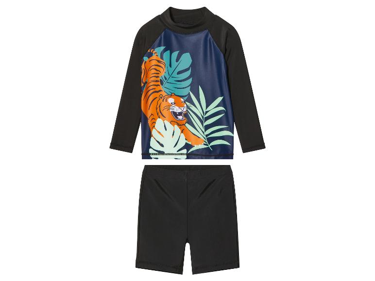 Kinder zwempak:  lang mouw shirt met tijgerprint en bladeren, zwart zwembroekje.