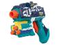 Veelkleurig speelgoedpistool met de woorden 'MODEL' en 'RAPID FIRE'.