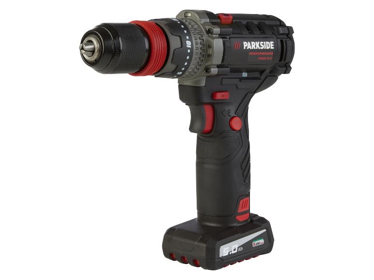 Een zwarte Parkside-boormachine met rode accenten en een 5.0 Ah batterij.