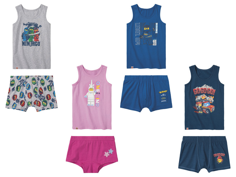 Lego Ninjago tanktops, onderbroeken en een roze tanktop met eenhoorn.