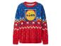 Lidl kersttrui in blauw en rood met sneeuwvlokken en logo.
