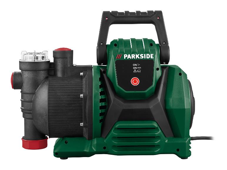 Groene en zwarte waterpomp met transparante filterkap en rode aan/uit-knop.