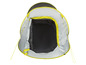 Een grijze pop-up tent met gele accenten.