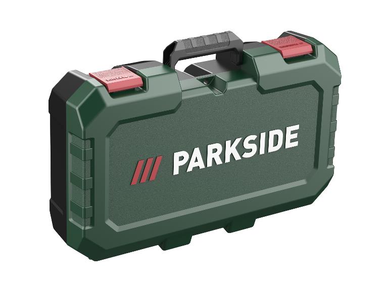 Een donkergroene gereedschapskist met het Parkside-logo en rode accenten.