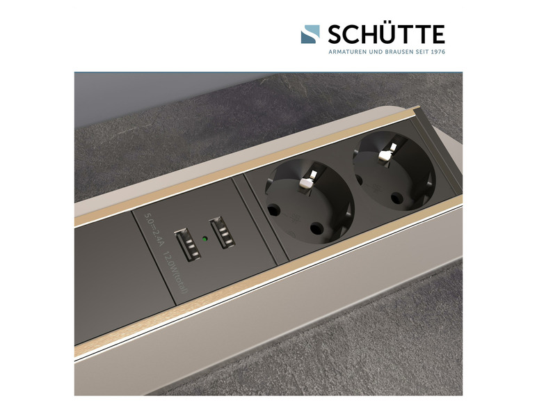 Twee stopcontacten en twee USB-poorten in een Schütte-stopcontact.