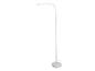 Witte LED vloerlamp met een ronde voet en een gebogen arm.