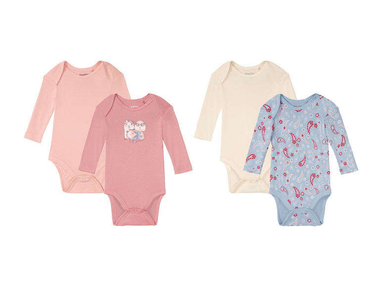 Quatre bodies bébé Lupilu, dont un avec un imprimé paisley.