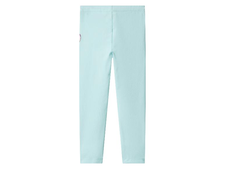 Legging enfant bleu clair avec un petit détail rose sur le côté gauche.
