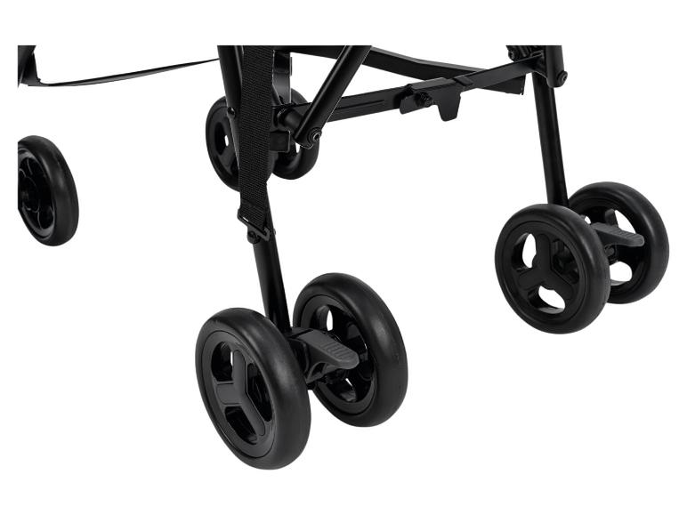 Roues noires avec freins pour une poussette.