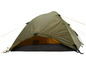 Groene tent met gele details en zwarte ondergrond.