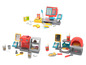 Jouets de magasin avec caisse enregistreuse, machine à café et four à pizza.