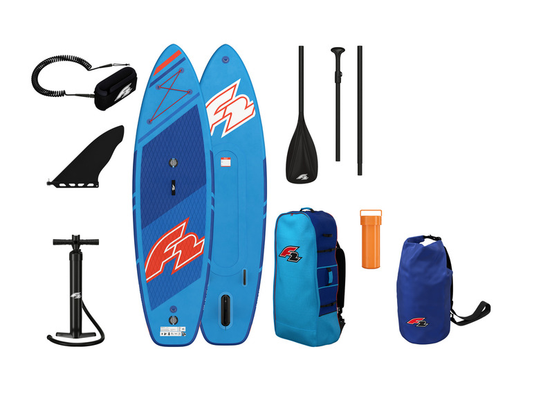Een opblaasbaar paddleboard, peddel, rugzak en andere accessoires van het merk F2.