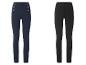 Deux leggings pour femme, un bleu marine avec des boutons dorés et un noir uni.