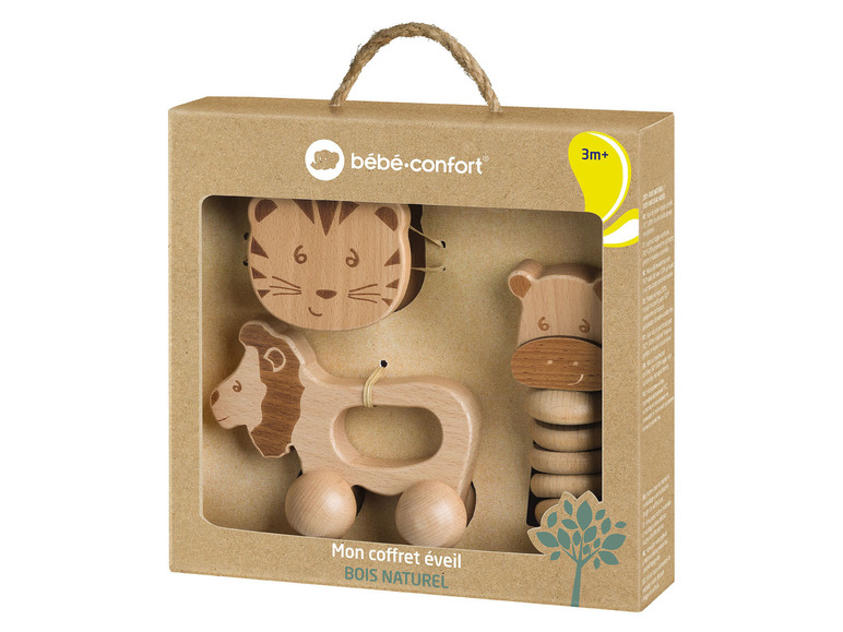 Bebe-Confort houten speelgoedset met leeuw, tijger en nijlpaard.