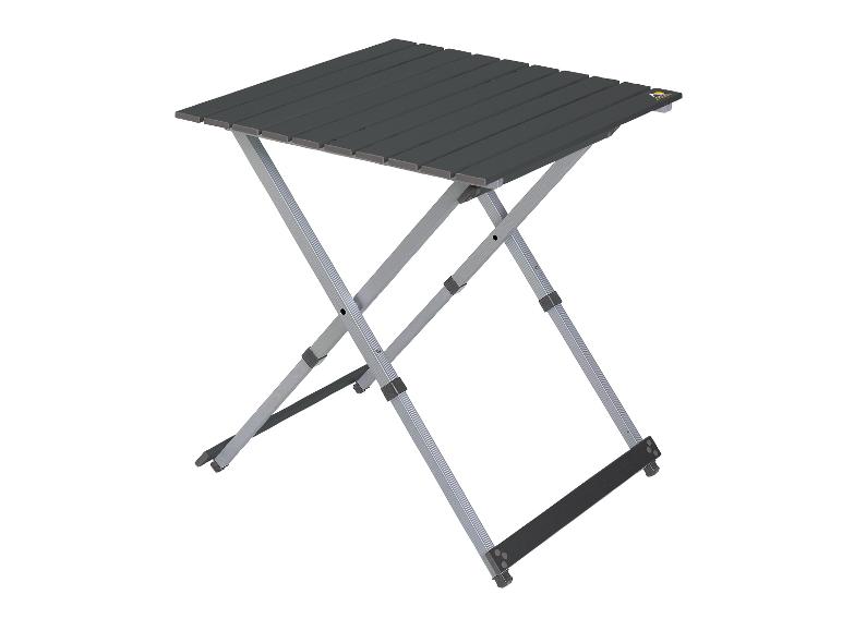 Een opvouwbare campingtafel met een donkergrijs blad.