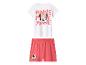 Meisjespyjama met witte top met korte mouwen en koraalkleurige shorts met Minnie Mouse-print.