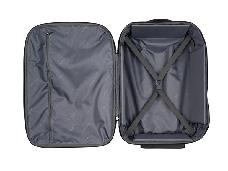Une valise Topmove noire ouverte avec des sangles d'emballage.