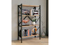 Een houten boekenkast met zwarte metalen accenten, gevuld met boeken, decoratieve voorwerpen en een vaas met bloemen.
