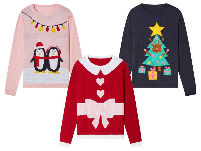 Drie kersttruien met pinguïns, een kerstboom met rendier en een strik.
