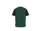 Donkergroen T-shirt met korte mouwen en blauwe mouwen, achteraanzicht.