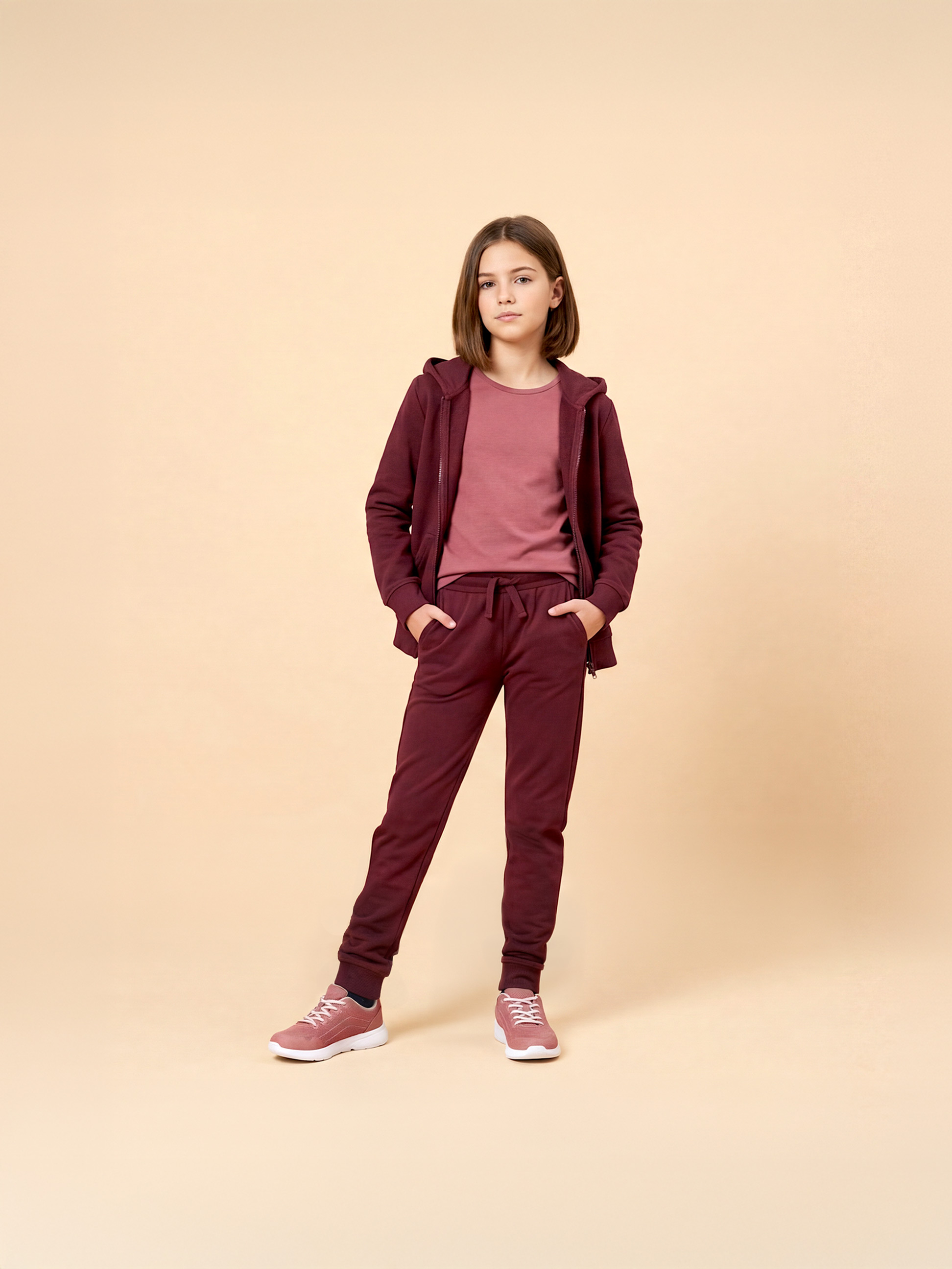 Fille en survêtement bordeaux et t-shirt rose, portant des baskets