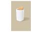 Witte cilindrische container met een houten deksel op een beige achtergrond