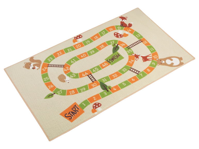 Een tapijt met een spelbord met dieren en getallen van 1 tot 46.